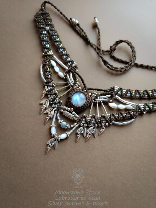 Moonstone macrame choker necklace with fildisi pearls, Party necklace tribal style