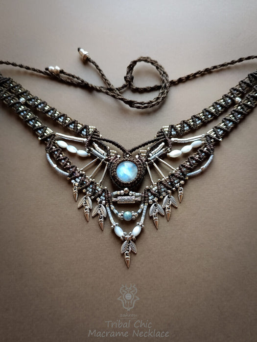 Moonstone macrame choker necklace with fildisi pearls, Party necklace tribal style