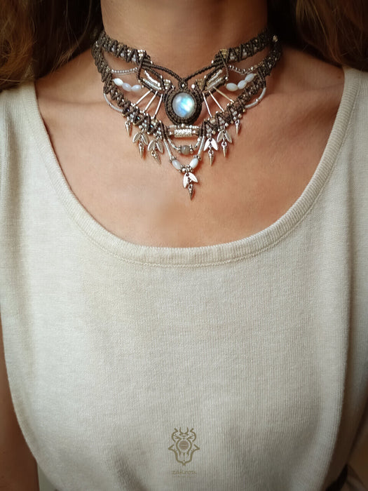 Moonstone macrame choker necklace with fildisi pearls, Party necklace tribal style