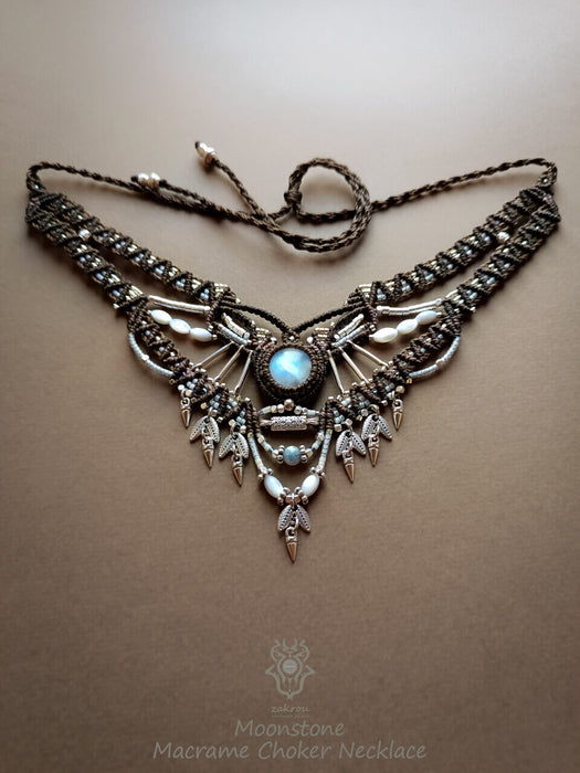 Moonstone macrame choker necklace with fildisi pearls, Party necklace tribal style