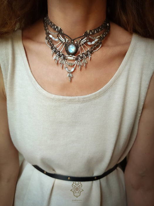 Moonstone macrame choker necklace with fildisi pearls, Party necklace tribal style