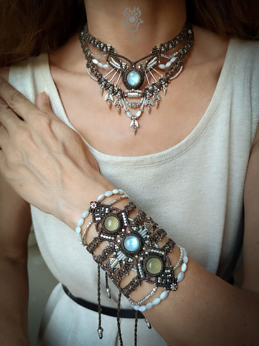 Moonstone macrame choker necklace with fildisi pearls, Party necklace tribal style