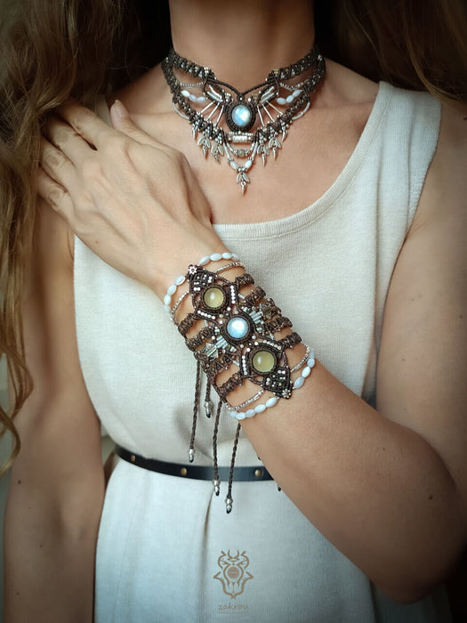 Moonstone macrame choker necklace with fildisi pearls, Party necklace tribal style