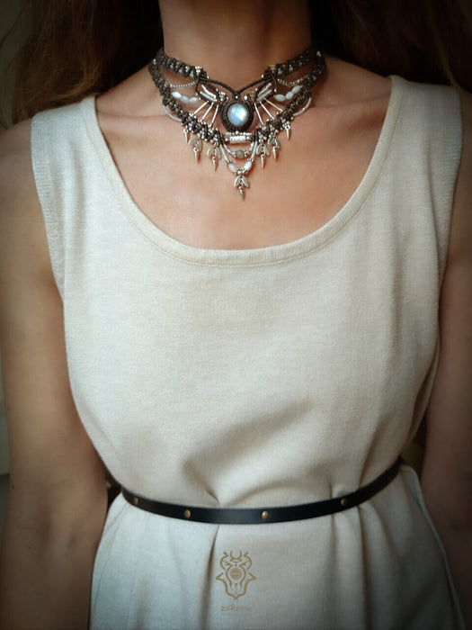Moonstone macrame choker necklace with fildisi pearls, Party necklace tribal style