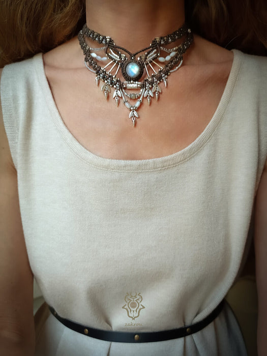Moonstone macrame choker necklace with fildisi pearls, Party necklace tribal style