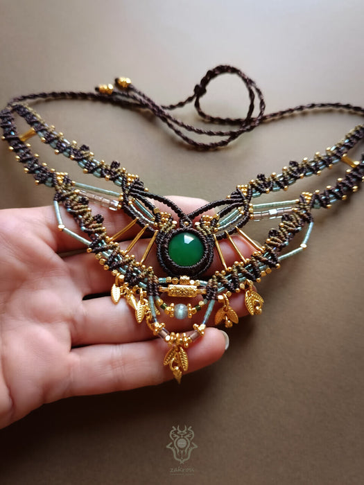 Emerald Agate macrame choker necklace, Bohemian hippie necklace