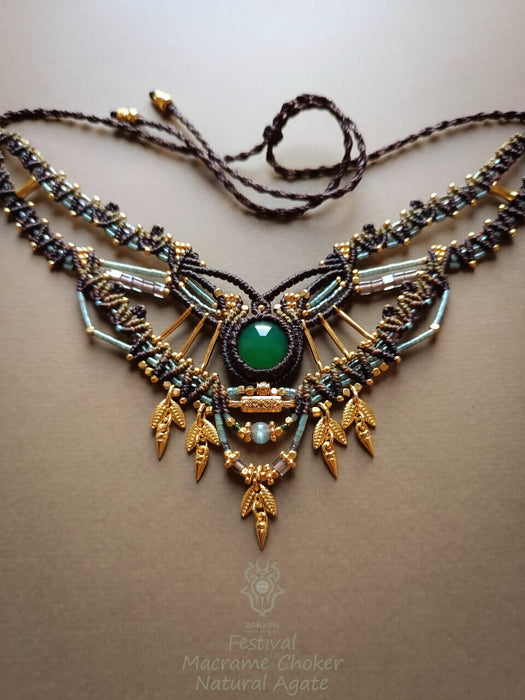 Emerald Agate macrame choker necklace, Bohemian hippie necklace