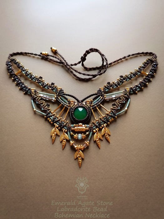 Emerald Agate macrame choker necklace, Bohemian hippie necklace