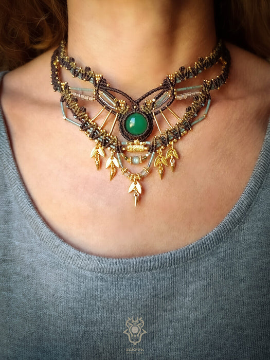 Emerald Agate macrame choker necklace, Bohemian hippie necklace