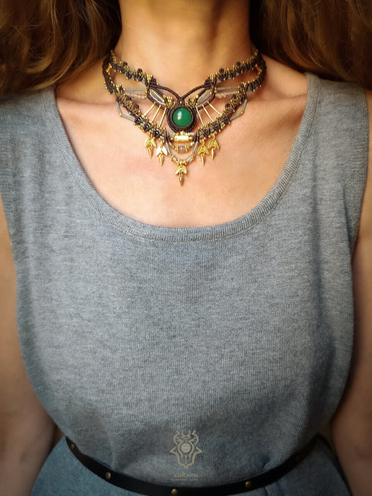 Emerald Agate macrame choker necklace, Bohemian hippie necklace