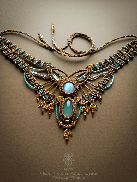 Moonstone Aquamarine macrame tribal necklace, Native festival choker