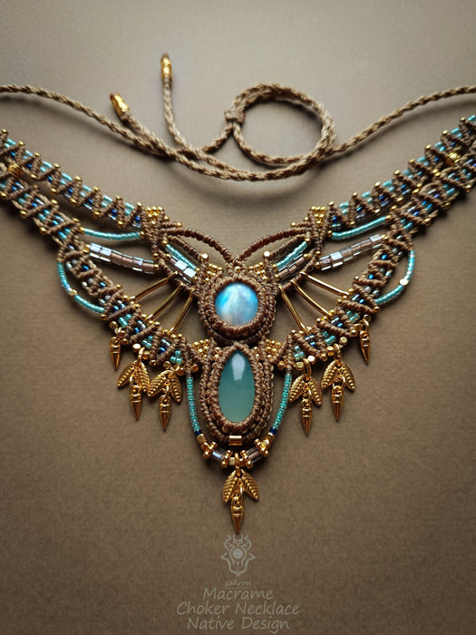 Moonstone Aquamarine macrame tribal necklace, Native festival choker