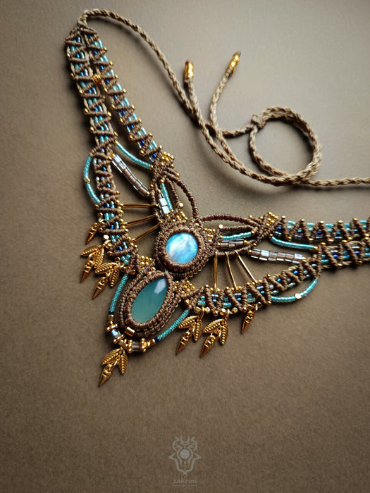 Moonstone Aquamarine macrame tribal necklace, Native festival choker