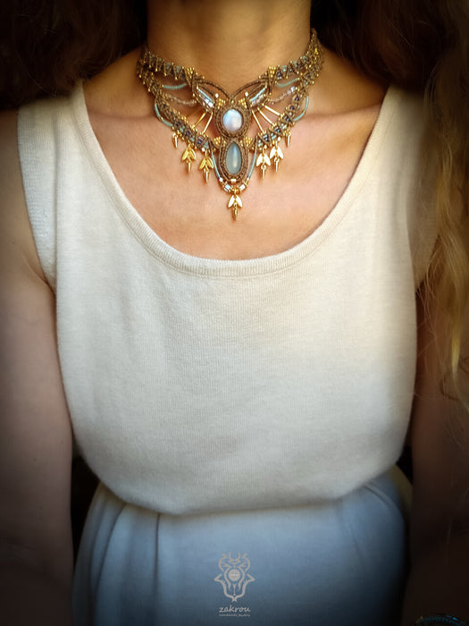 Moonstone Aquamarine macrame tribal necklace, Native festival choker