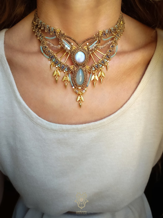 Moonstone Aquamarine macrame tribal necklace, Native festival choker