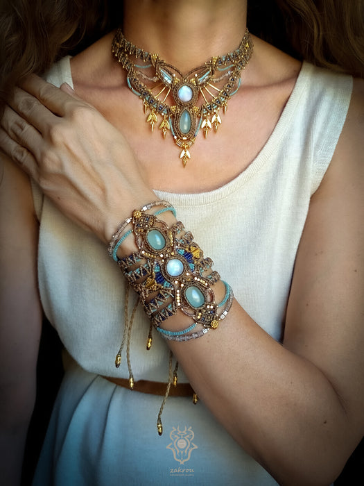 Moonstone Aquamarine macrame tribal necklace, Native festival choker