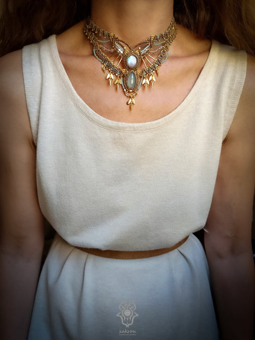 Moonstone Aquamarine macrame tribal necklace, Native festival choker