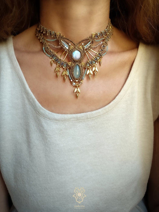 Moonstone Aquamarine macrame tribal necklace, Native festival choker