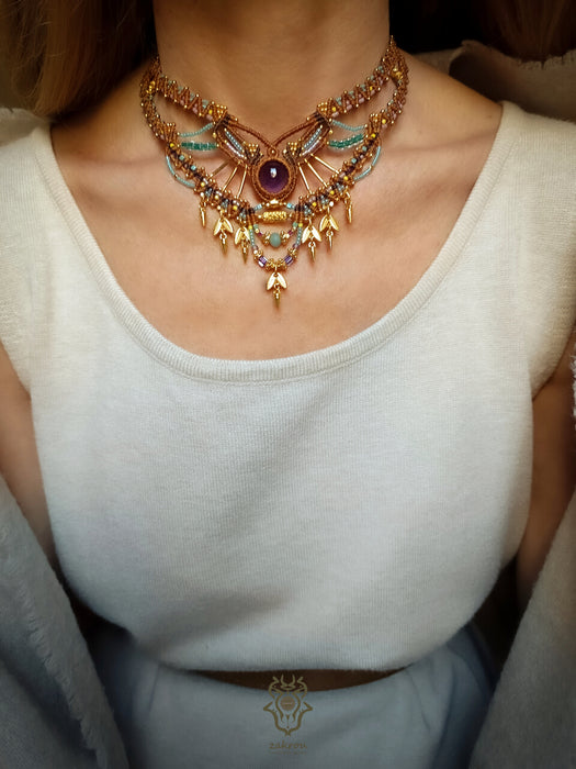 Amethyst macrame ethnic necklace, Choker party necklace native style