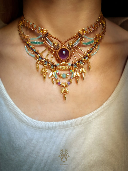 Amethyst macrame ethnic necklace, Choker party necklace native style