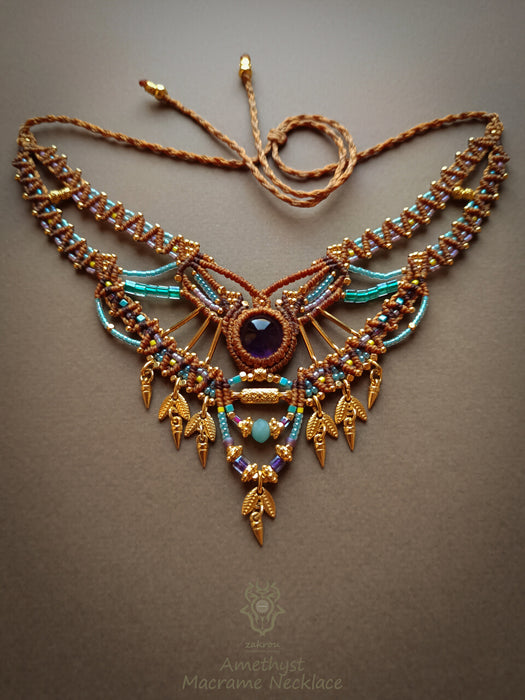 Amethyst macrame ethnic necklace, Choker party necklace native style
