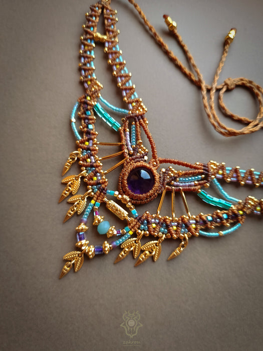 Amethyst macrame ethnic necklace, Choker party necklace native style