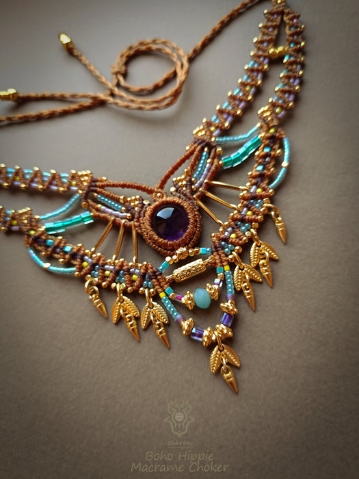 Amethyst macrame ethnic necklace, Choker party necklace native style