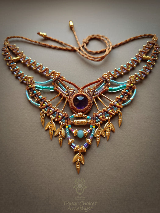 Amethyst macrame ethnic necklace, Choker party necklace native style