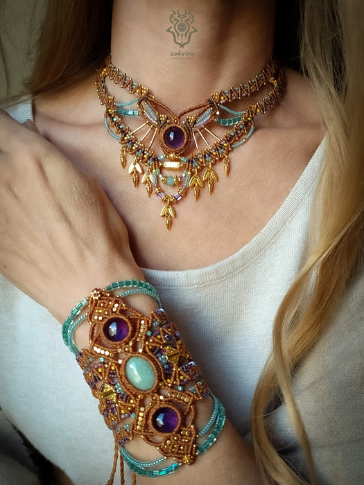 Amethyst macrame ethnic necklace, Choker party necklace native style