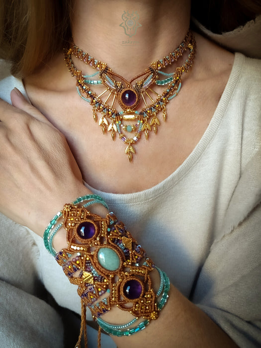 Amethyst macrame ethnic necklace, Choker party necklace native style