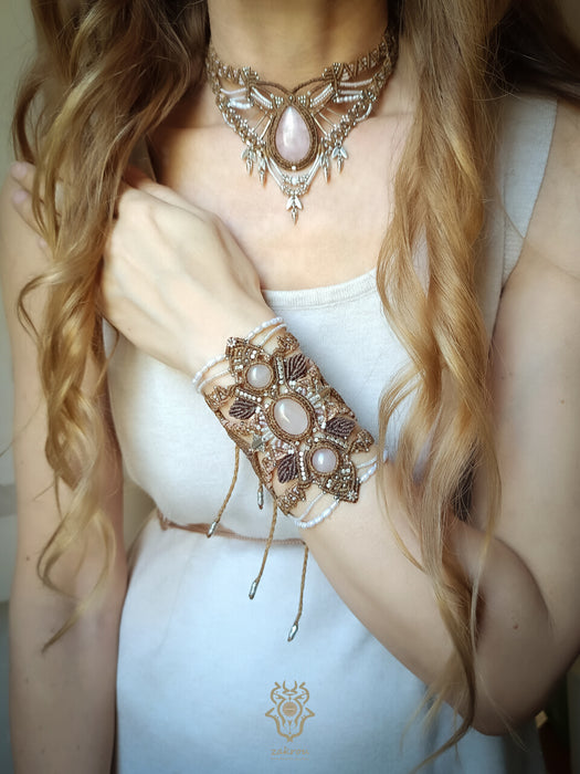 Rose Quartz macrame choker necklace with silver adornments, Bohemian jewelry