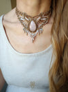 Rose Quartz macrame choker necklace with silver adornments, Bohemian jewelry