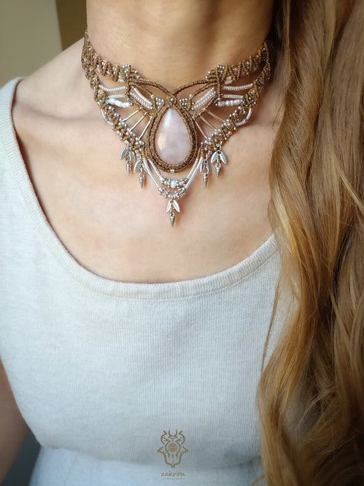 Rose Quartz macrame choker necklace with silver adornments, Bohemian jewelry