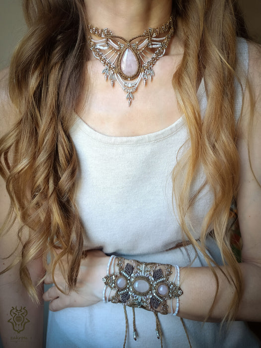 Rose Quartz macrame choker necklace with silver adornments, Bohemian jewelry