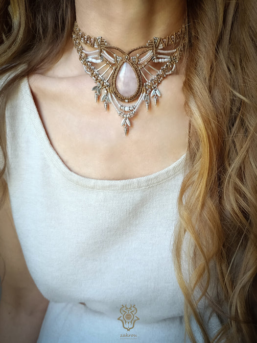 Rose Quartz macrame choker necklace with silver adornments, Bohemian jewelry