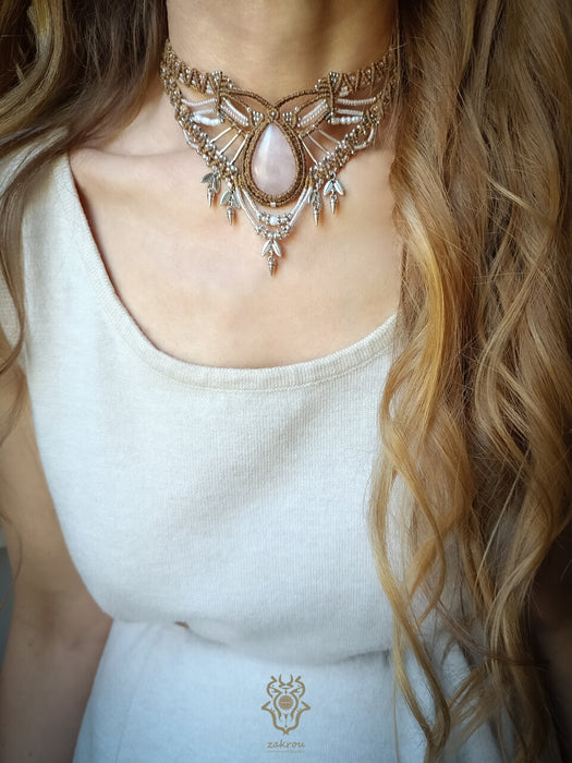 Rose Quartz macrame choker necklace with silver adornments, Bohemian jewelry