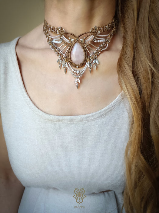 Tribal chic macrame necklace with Rose Quartz, Fairy beaded macrame choker