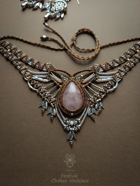 Rose Quartz macrame choker necklace with silver adornments, Bohemian jewelry