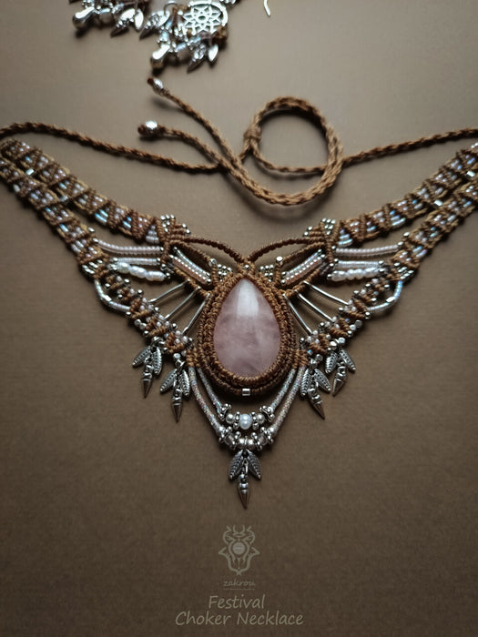 Rose Quartz macrame choker necklace with silver adornments, Bohemian jewelry