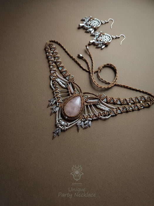 Tribal chic macrame necklace with Rose Quartz, Fairy beaded macrame choker