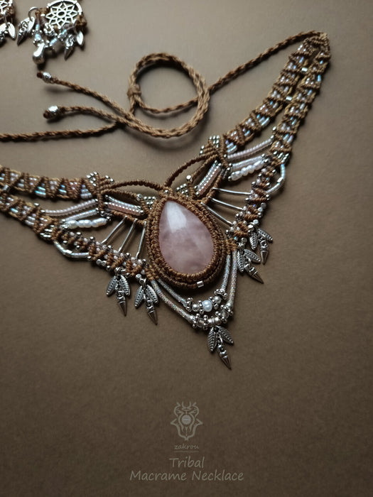 Rose Quartz macrame choker necklace with silver adornments, Bohemian jewelry