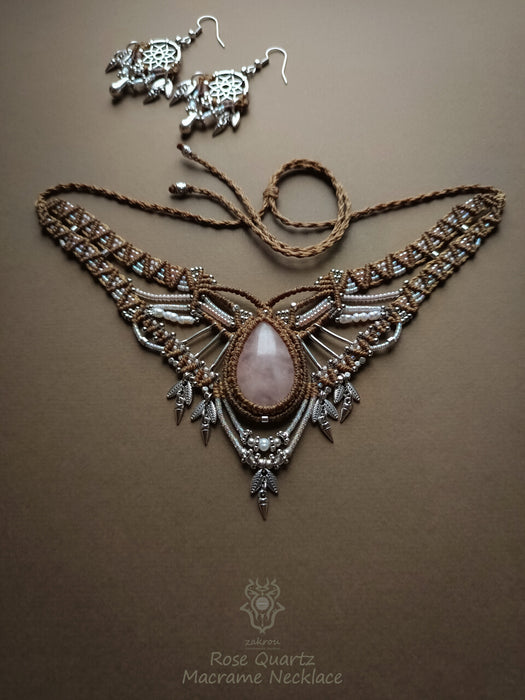 Rose Quartz macrame choker necklace with silver adornments, Bohemian jewelry
