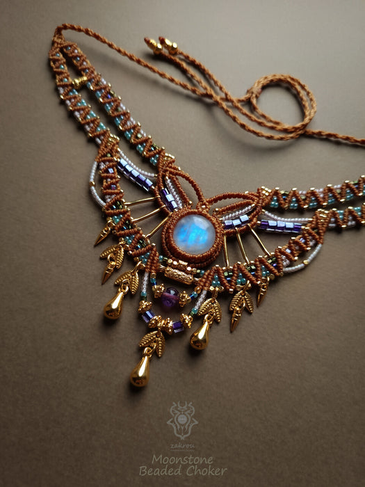 Macrame tribal necklace with Moonstone, Elegant party necklace native style