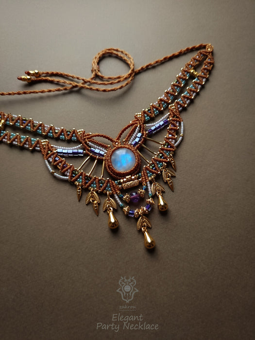 Macrame tribal necklace with Moonstone, Elegant party necklace native style