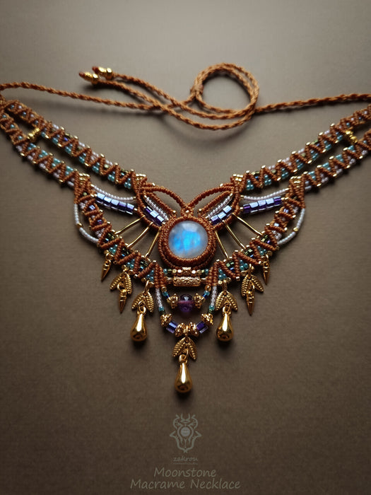Macrame tribal necklace with Moonstone, Elegant party necklace native style