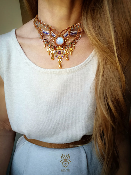 Macrame tribal necklace with Moonstone, Elegant party necklace native style