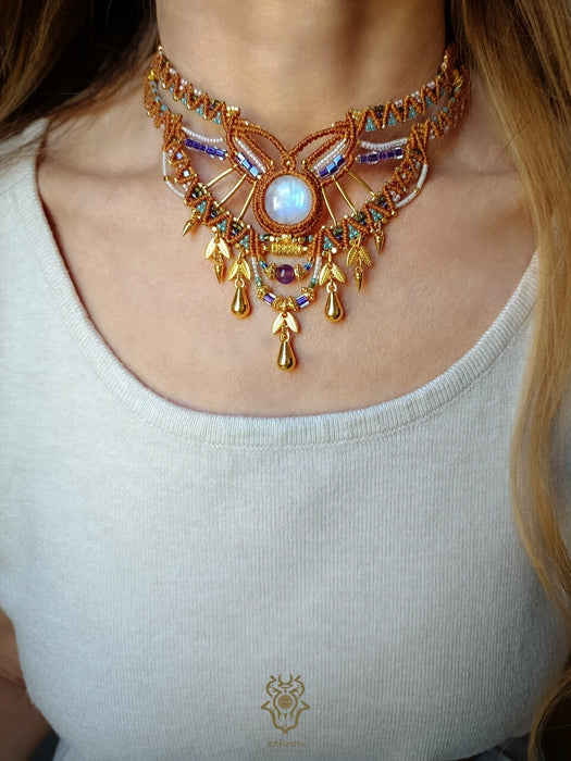 Macrame tribal necklace with Moonstone, Elegant party necklace native style