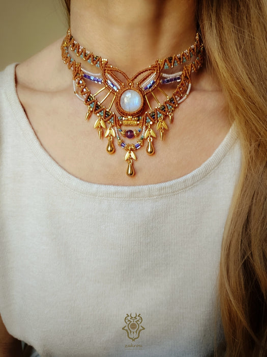 Macrame tribal necklace with Moonstone, Elegant party necklace native style