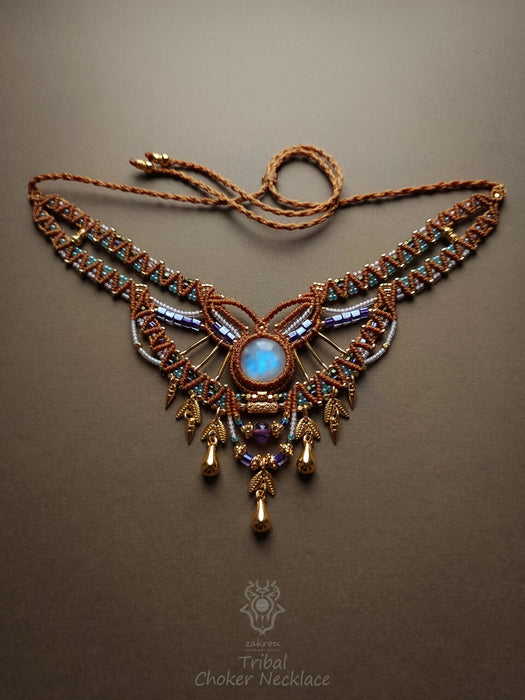 Macrame tribal necklace with Moonstone, Elegant party necklace native style
