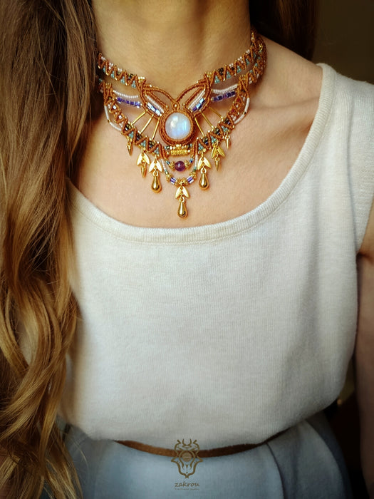Macrame tribal necklace with Moonstone, Elegant party necklace native style